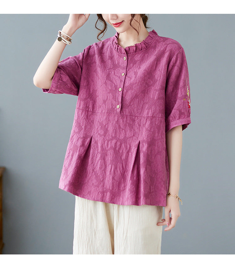 Plus Size Cotton Linen Jacquard Embroidered Loose Top Harem Pants Suit