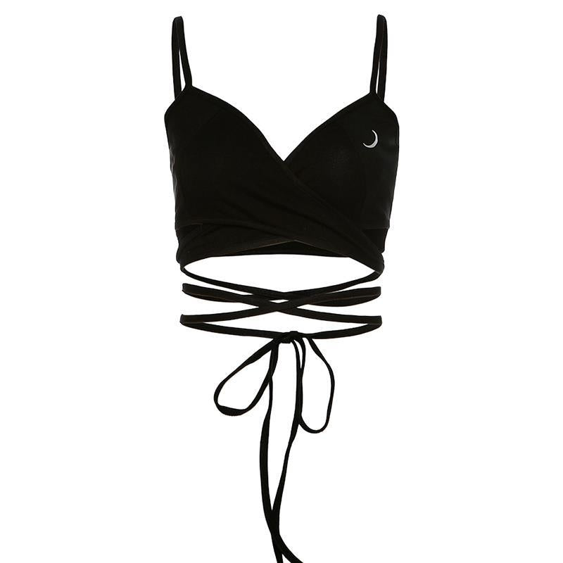 Moon Print Cross Strap Suspender Vest Short Style Crop Top For Women