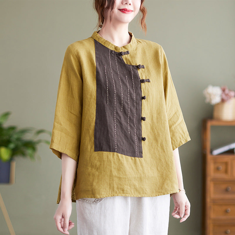 Stand Up Collar Button Contrast Patchwork Cotton Linen Shirt