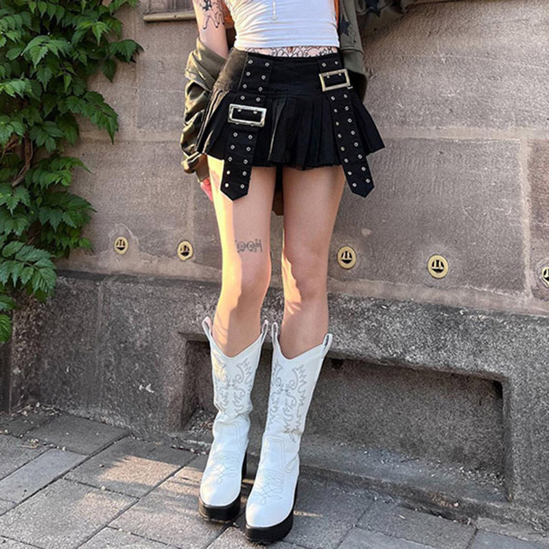American Heavy Industry Design Pleated Skirt Japanese Buckle Stitching Low Waist A- Line Style