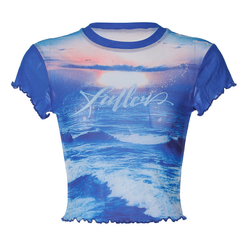 Summer New Personalized Printed Mesh See-through Sexy Tight-fitting Umbilical Cord T-shirt Top