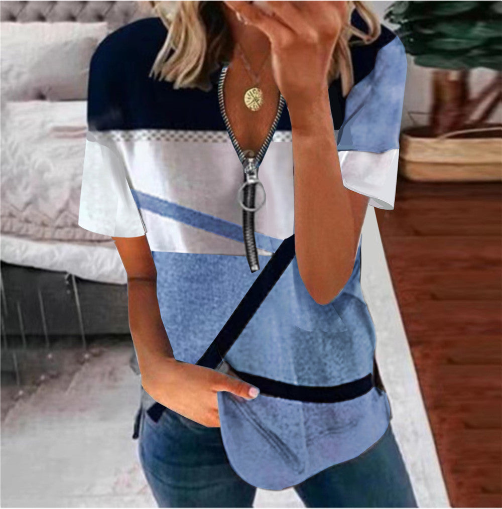 Women's Zipper Printed Loose Short Sleeves Women's Zipper Printed Loose Short Sleeves