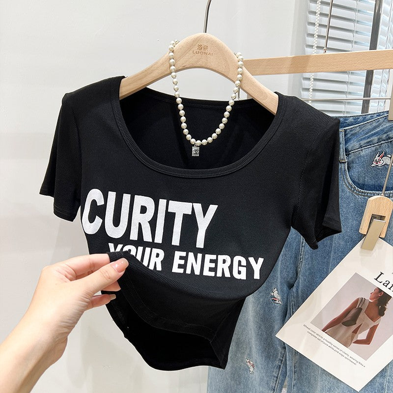 Short-sleeved T-shirt Women's Western Style Retro Print V-neck