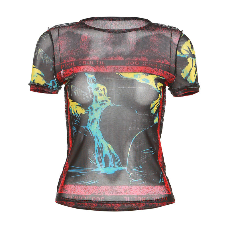 New Women's Fashion Digital Printing Round Neck Street Mesh Short Sleeve Top