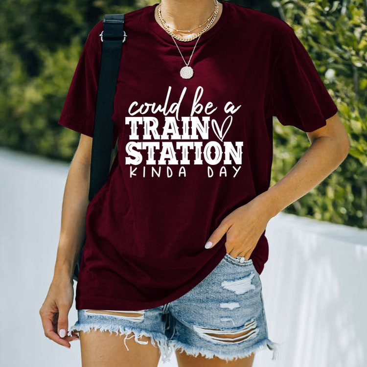 Letter Fun Printed Women's Round Neck Short Sleeve