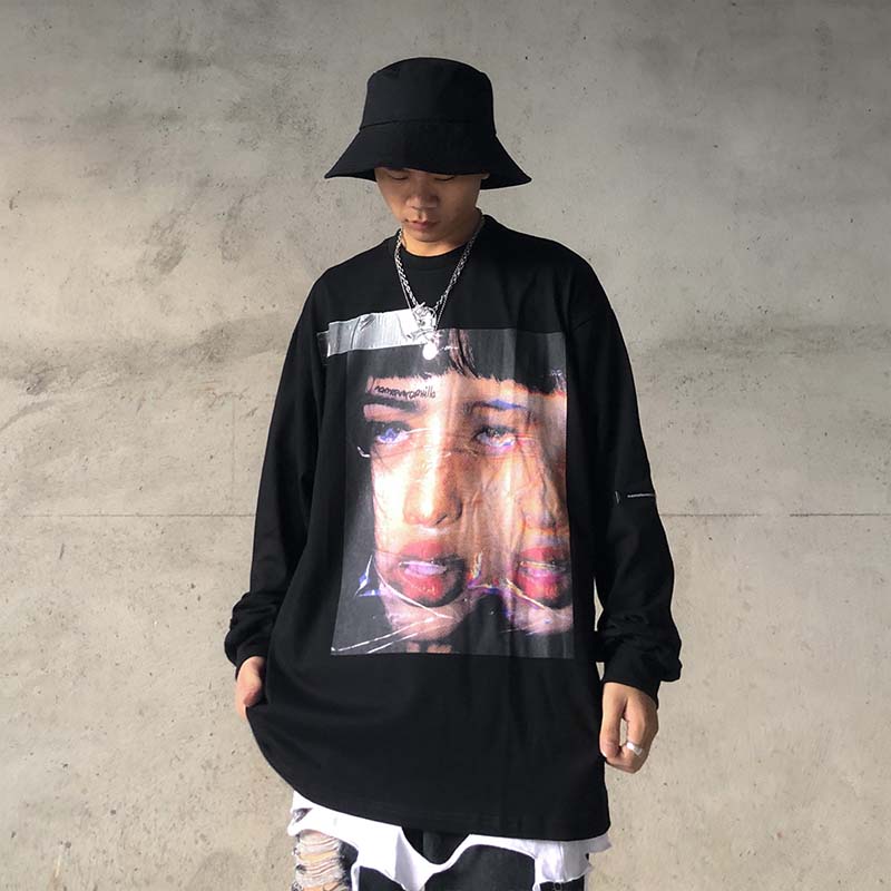 Ins High Street Portrait Print Long-sleeved T-shirt Men