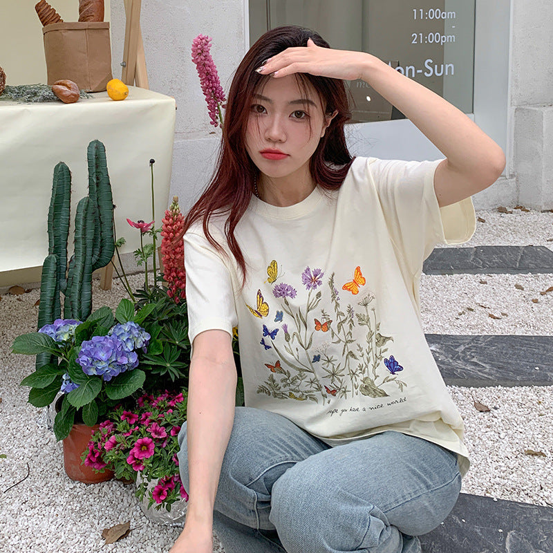 New Pure Cotton Heel Wrapped Collar Personality Flower Print Top