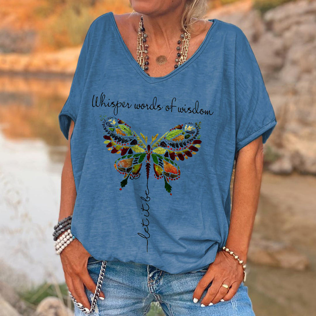 Ladies English Butterfly Print T-Shirt Loose