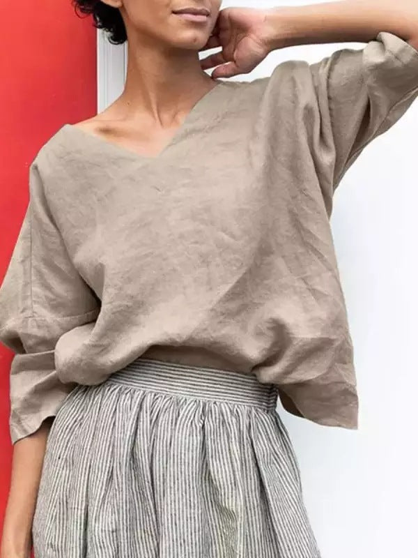 Women's Sleeve Cotton Linen V-Neck T-Shirt