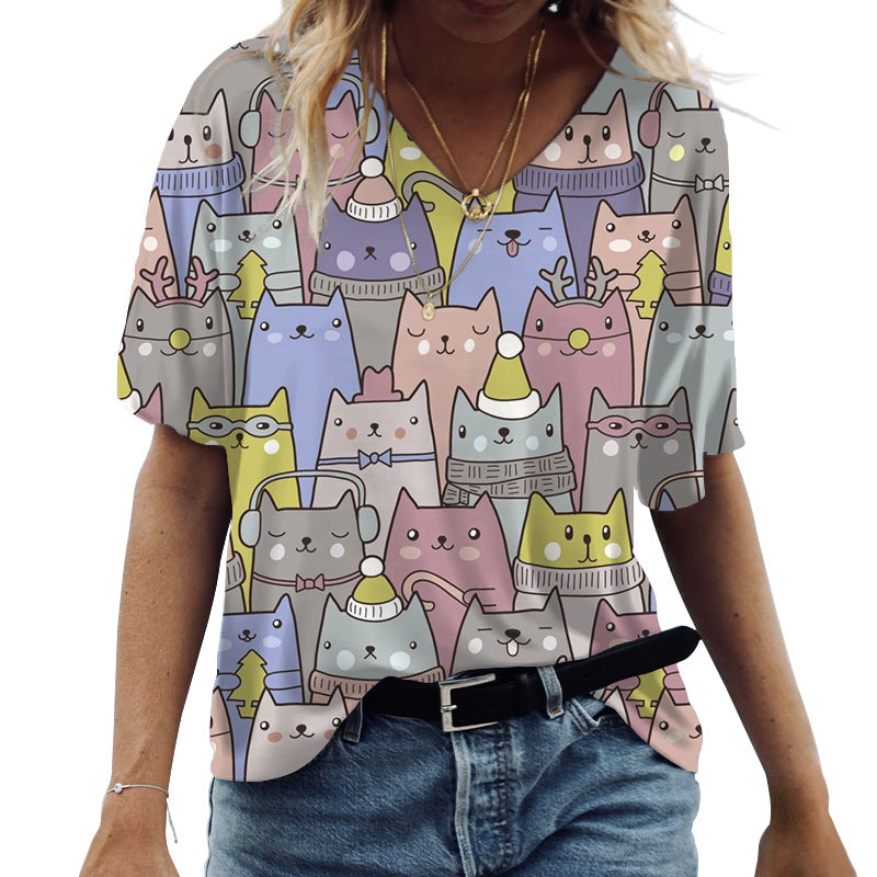 Casual Short Sleeve V-Neck Cat 3D