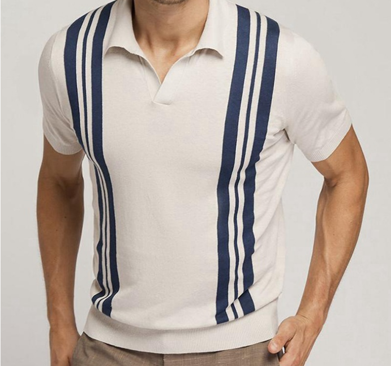 New Men's Summer Stripes Short-sleeved Sweater Slim Lapel Casual Polo Shirt For Men