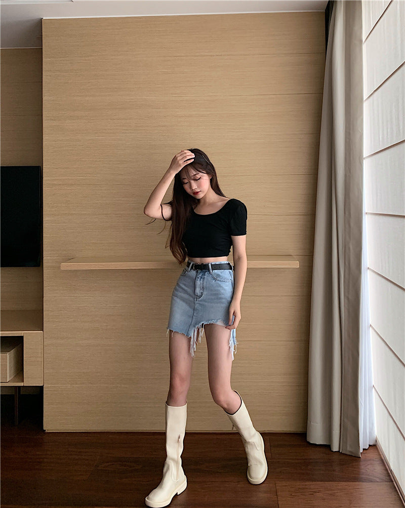 Denim Skirt Women Retro Irregular High Waist