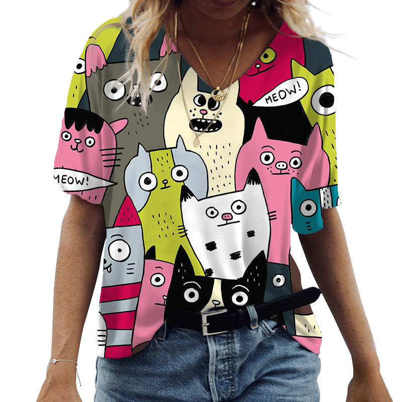 Casual Short Sleeve V-Neck Cat 3D