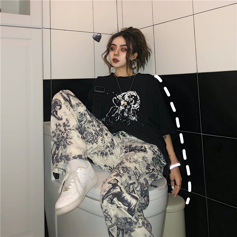 Loose Straight Leg Pants For Men And Women In A Retro Ink Print