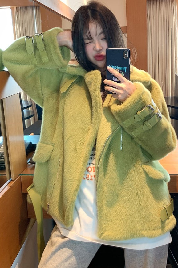 Women's coat leather buckle fur coat women Women's coat leather buckle fur coat women