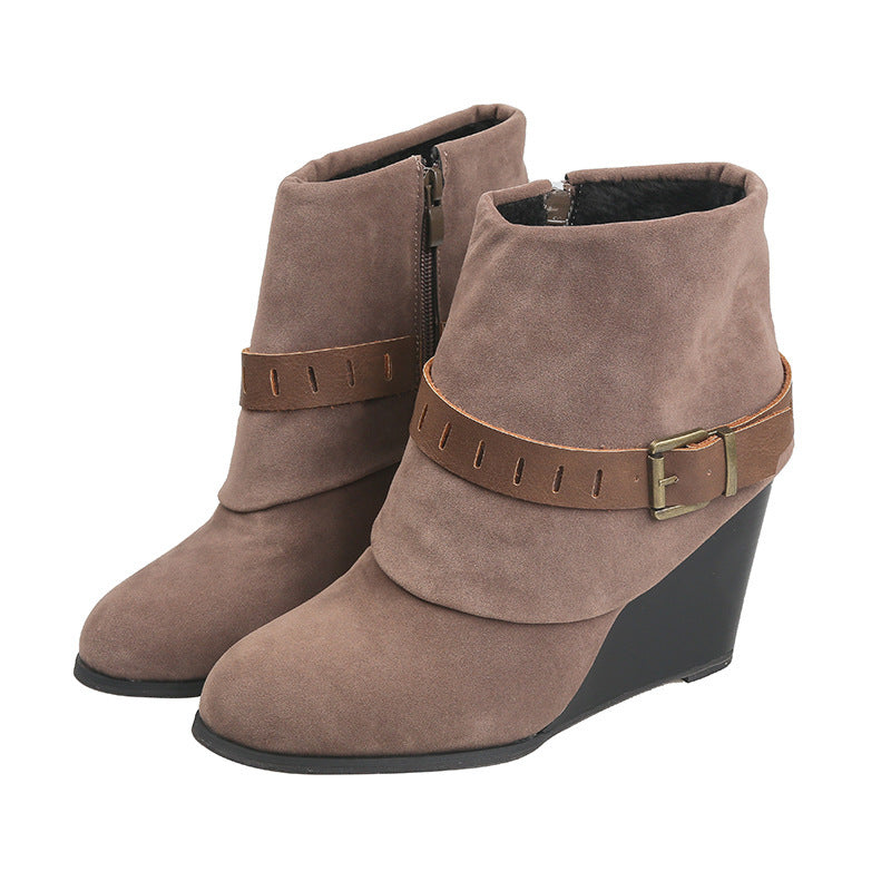 Buckled wedge high heel side zipper short boots