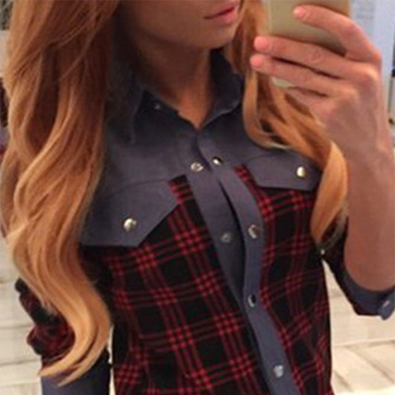 Plaid denim patchwork shirt
