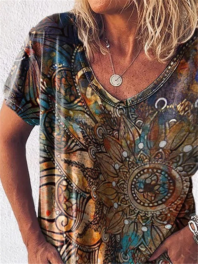 Vintage Printed V-neck Thin Casual T-shirt