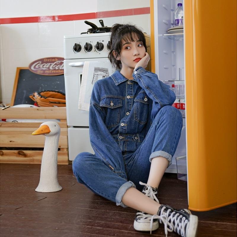 Spring and Autumn High Waist Slimming Denim Jumpsuit Women