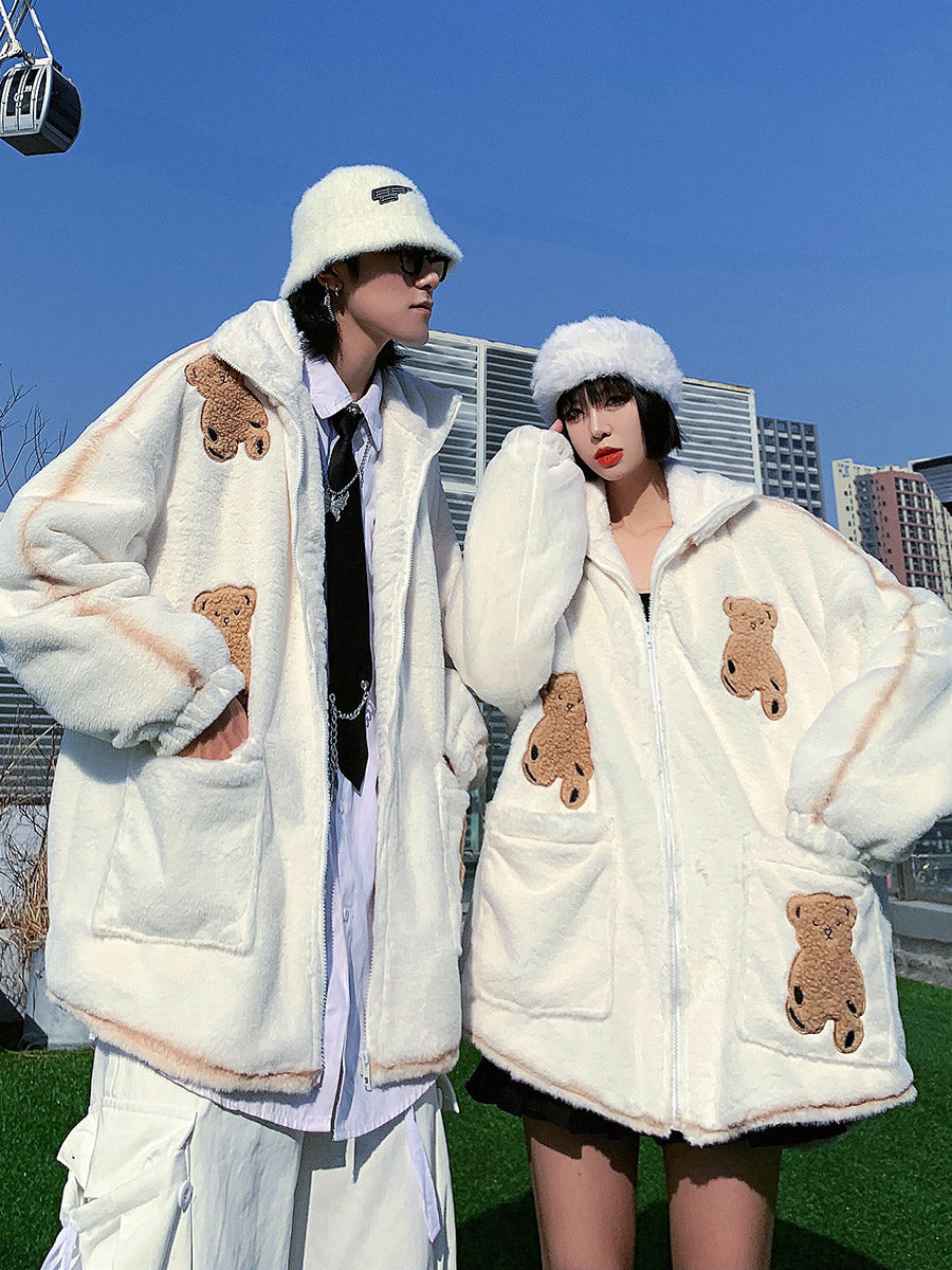 Loose Bear Patch Patchwork Parka Jacket Loose Bear Patch Patchwork Parka Jacket