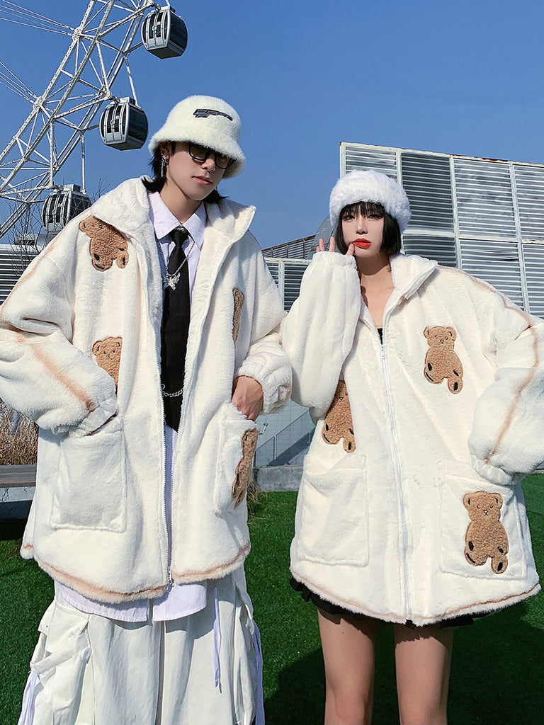 Loose Bear Patch Patchwork Parka Jacket