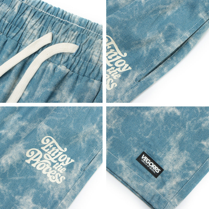 Tie-Dye Washed And Fried Flower Denim Five-Point Pants Loose Straight Casual Shorts For Men And Women