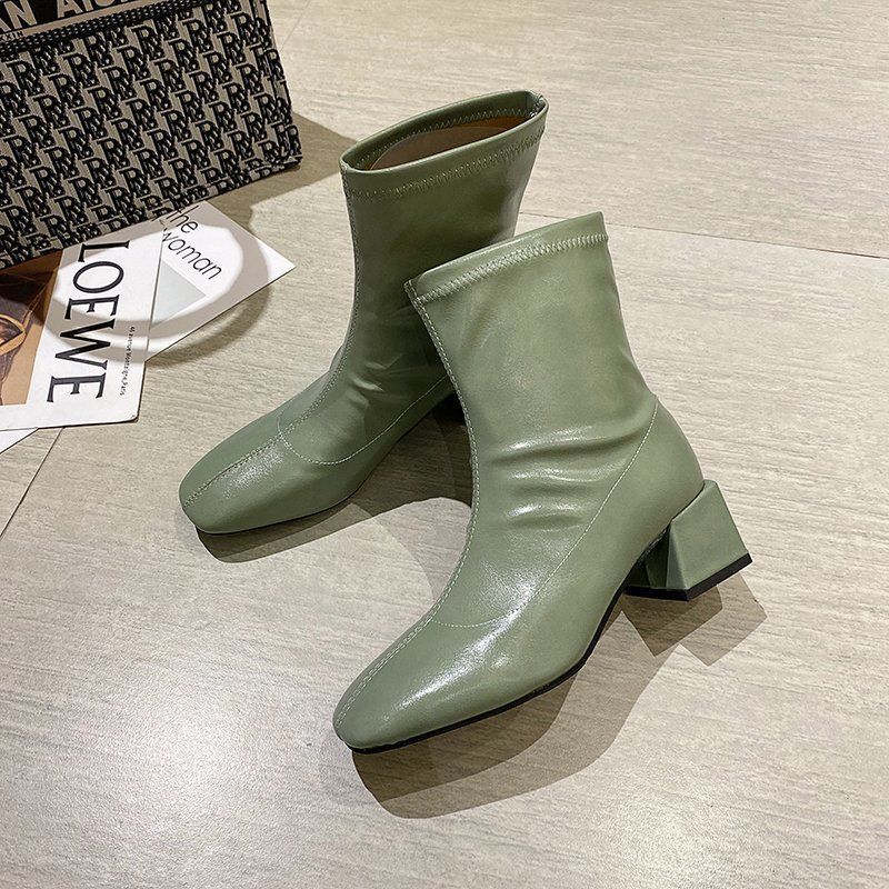 Square Toe Thin Boots Elastic Boots Mid-Heel Martin Boots Women