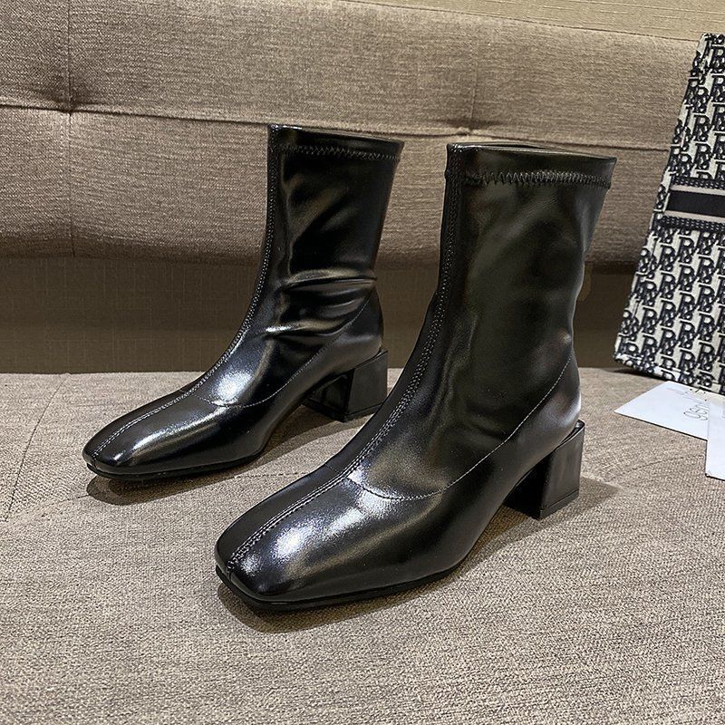 Square Toe Thin Boots Elastic Boots Mid-Heel Martin Boots Women