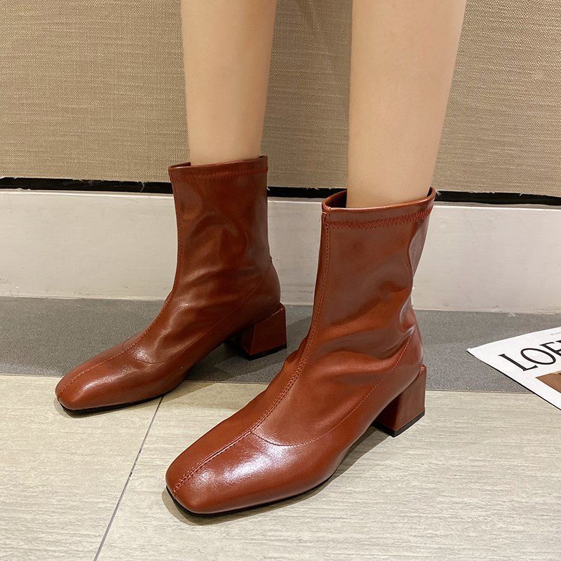 Square Toe Thin Boots Elastic Boots Mid-Heel Martin Boots Women