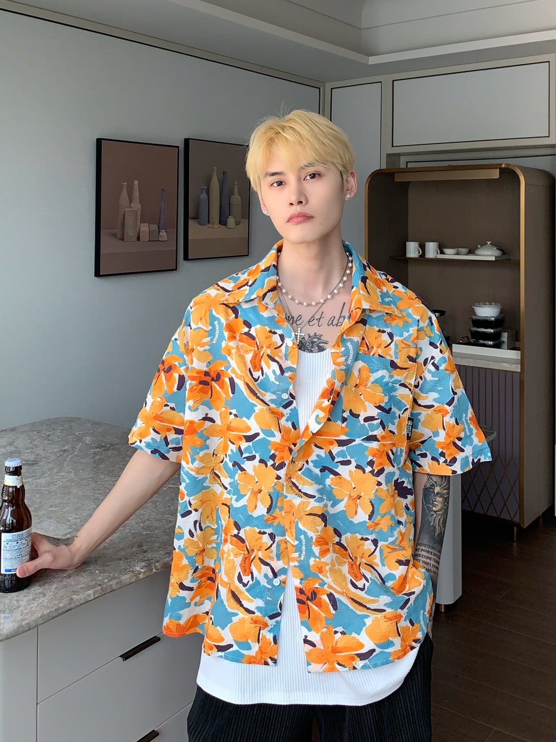 Hawaiian Contrast Floral Shirt Men Hawaiian Contrast Floral Shirt Men