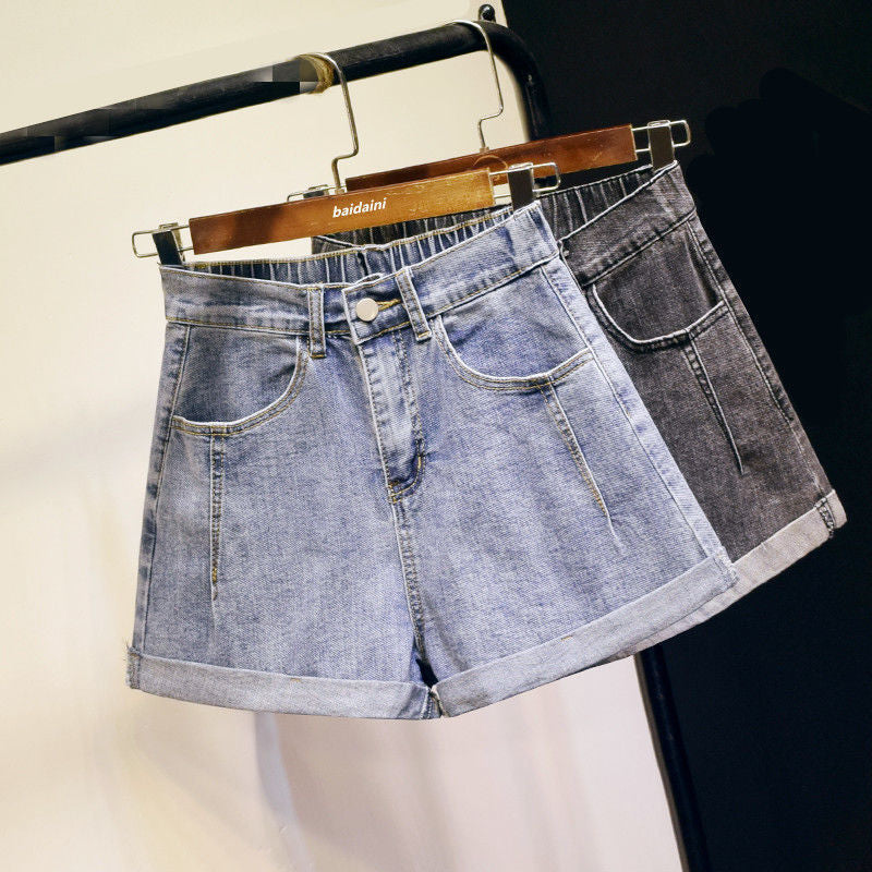 Hemming Denim Shorts Women Summer High Waist Stretch A Line Loose Wide Leg Pants