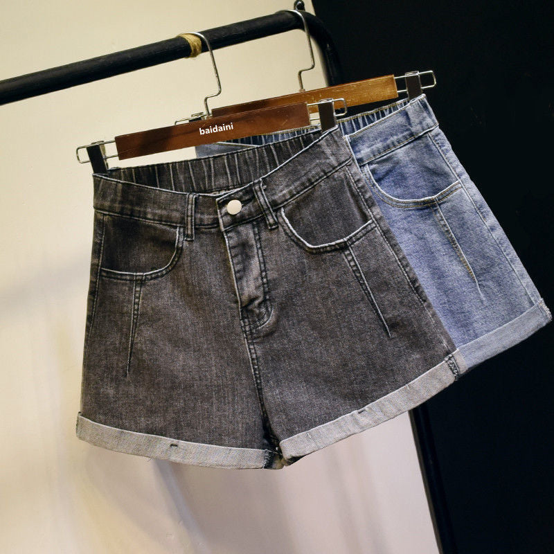 Hemming Denim Shorts Women Summer High Waist Stretch A Line Loose Wide Leg Pants