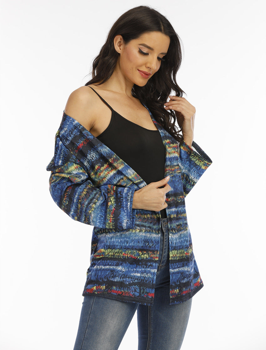 Printed Knitted Cardigan Thin Coat Loose Coat Women Printed Knitted Cardigan Thin Coat Loose Coat Women