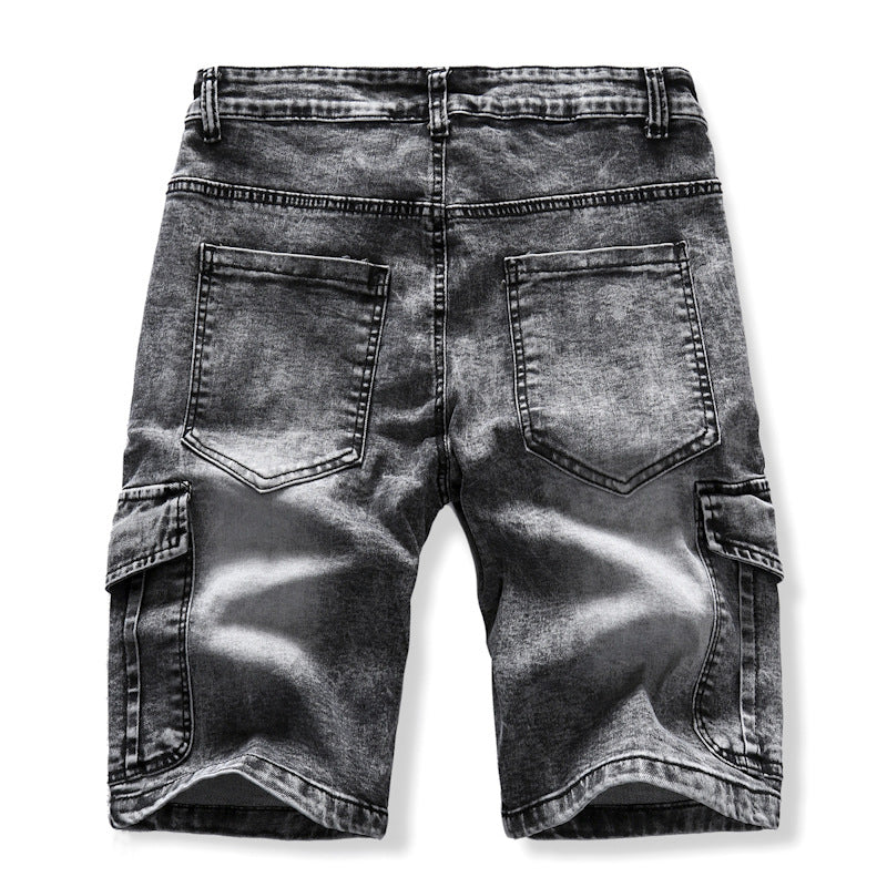 Men's Pocket Denim Shorts Zipper Slim Stretch Five Point Pants Men