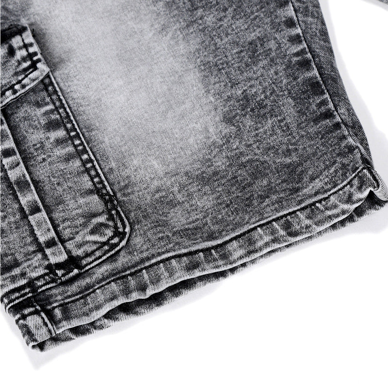 Men's Pocket Denim Shorts Zipper Slim Stretch Five Point Pants Men