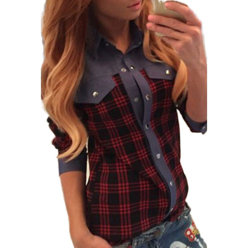 Plaid denim patchwork shirt