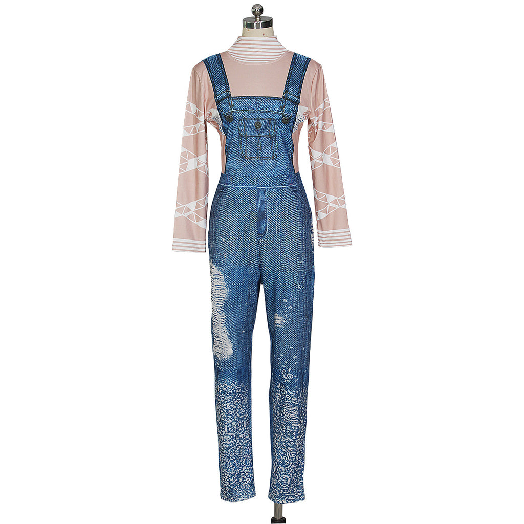 Fashion denim suspender printed Jumpsuit