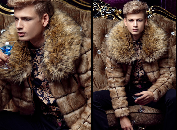 KaLeB Mens Luxury Faux Fox Fur Winter Big Fur Collar Slim Fit Short Thick Coat Casual Jacket Hip Length Parka Outwear Overcoat