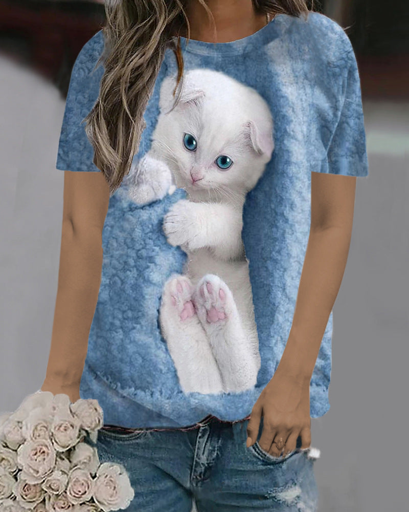Casual Loose Fit Cat Print Short Sleeve