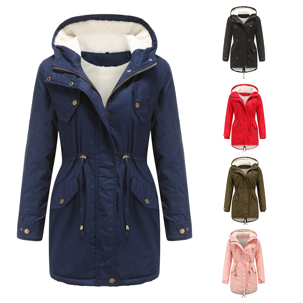 Women's Solid Color Hooded Parka Thick Cotton Plus Fleece Cotton Coat