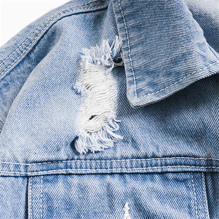 Jacket, dog, dog, hole, denim, jacket, male hip-hop style, men and women