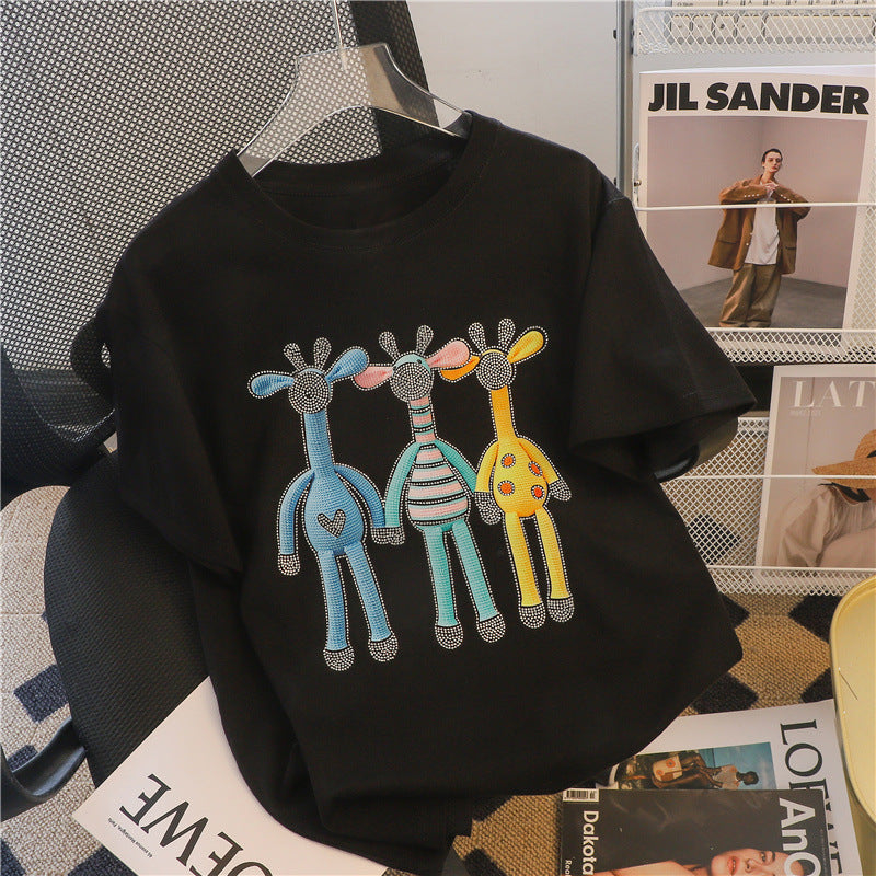 Three-dimensional Hot Diamond Cartoon Short-sleeved T-shirt Women's Clothing