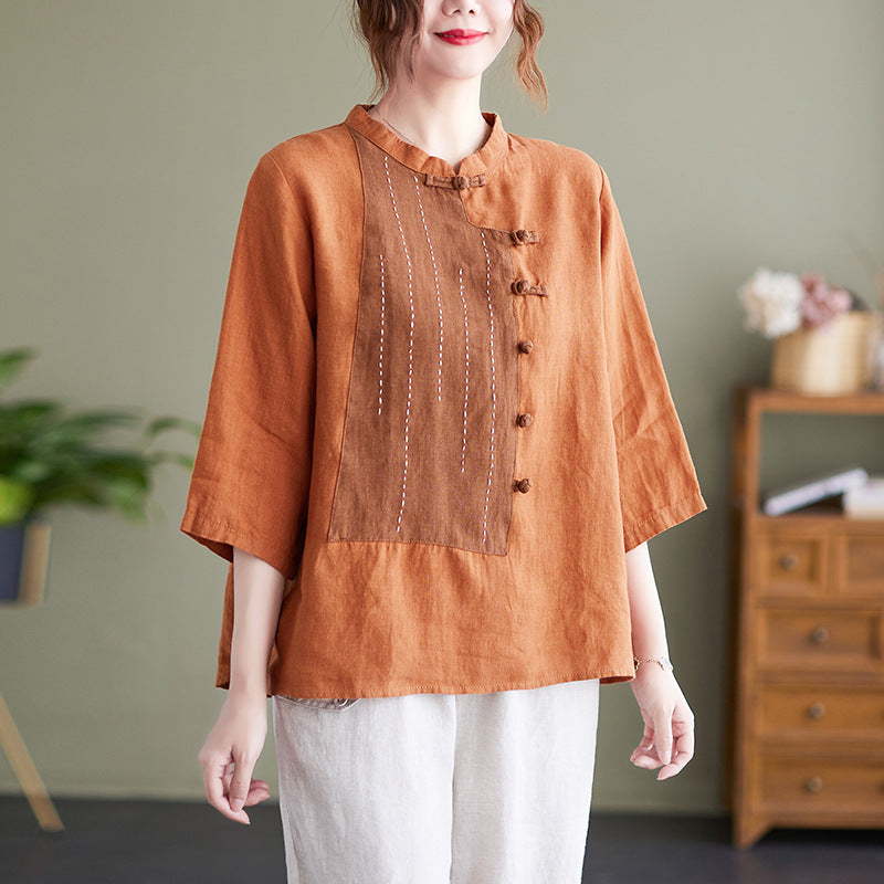 Stand Up Collar Button Contrast Patchwork Cotton Linen Shirt