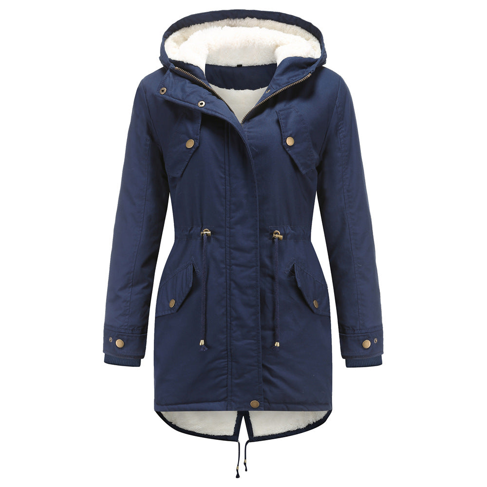 Women's Solid Color Hooded Parka Thick Cotton Plus Fleece Cotton Coat