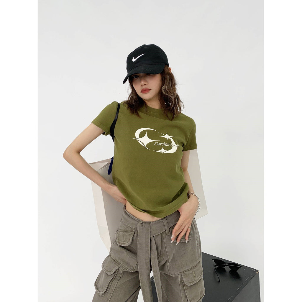 INS American Slim Fit T-shirt Retro Design Short Women's