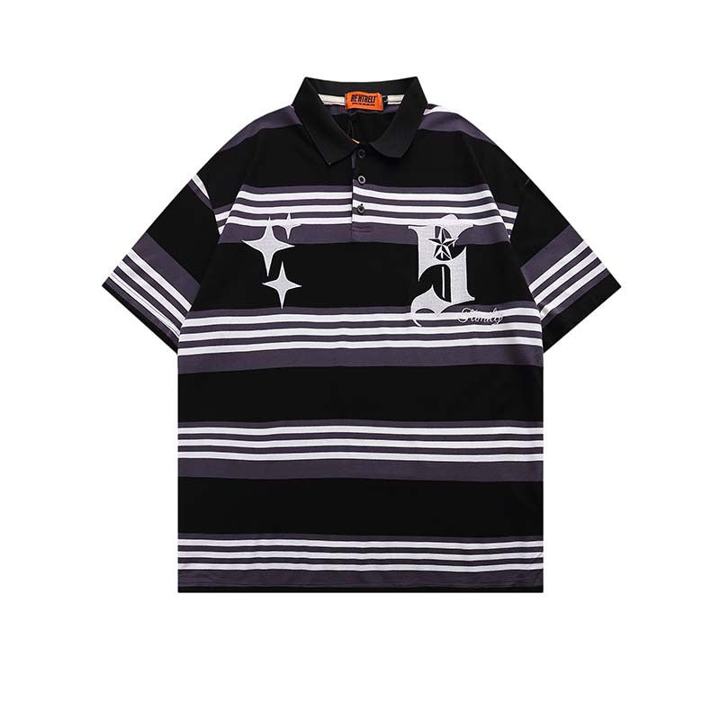 New Letter Embroidered Striped Lapel Short Sleeve POLO Shirt For Men