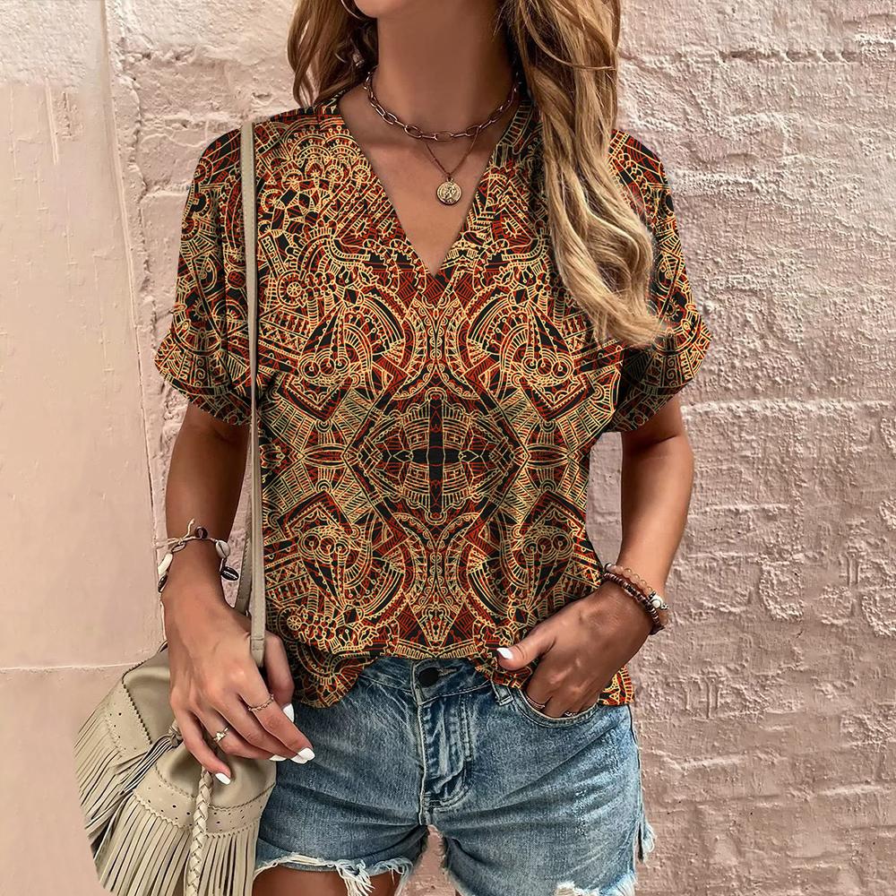 Printed T-shirt Ethnic V-neck Summer Short Sleeve