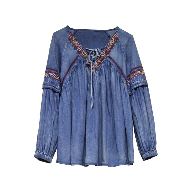 Lantern Sleeve Large Size Denim Shirt Retro Embroidery Strap Loose Long-sleeved Shirt Women Lantern Sleeve Large Size Denim Shirt Retro Embroidery Strap Loose Long-sleeved Shirt Women