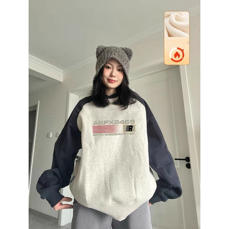 Women's Plush And Thick Pure Cotton Round Neck Color Matching Sweater