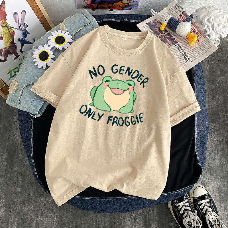 Frog Print Round Neck Loose Men's And Women's T-shirt